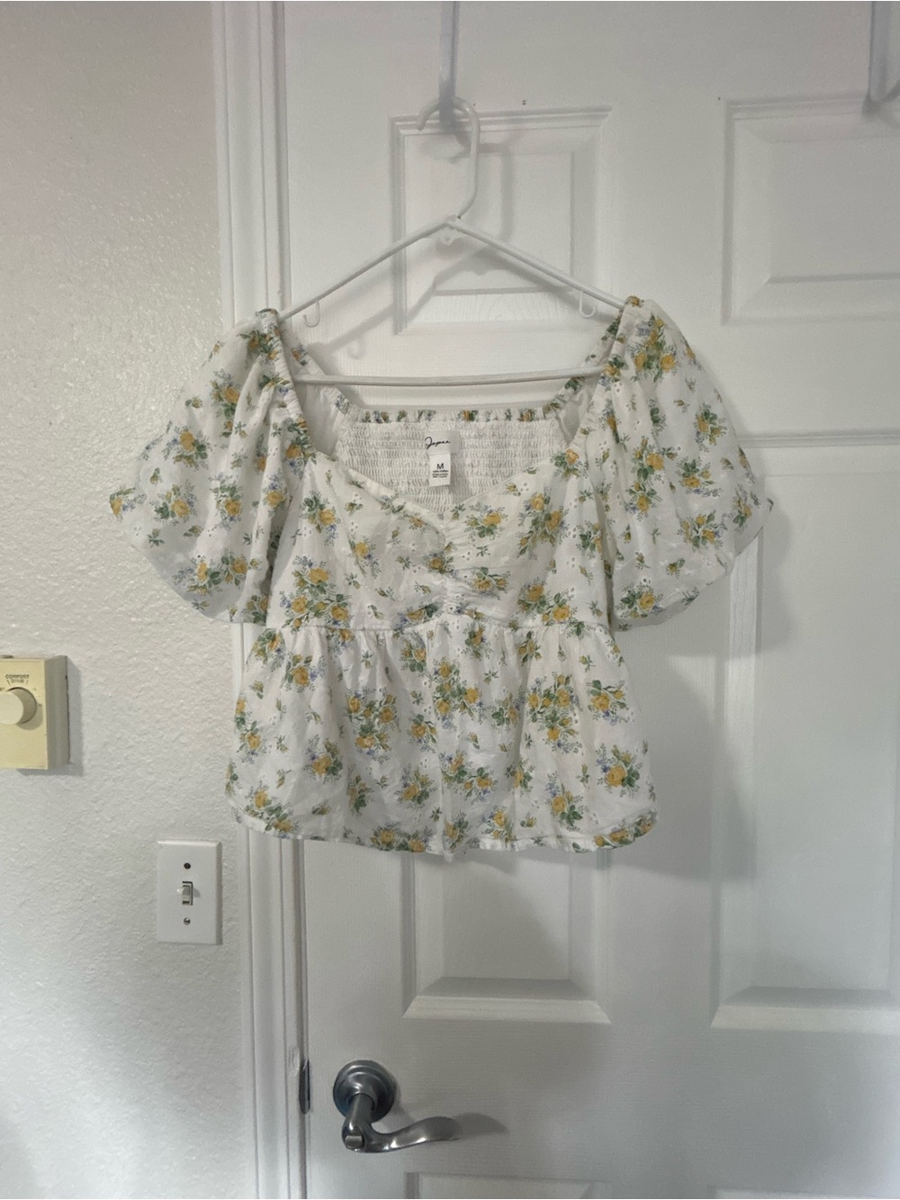 Japna White Floral Puff Sleeve Peplum Crop Top with Yellow Flowers